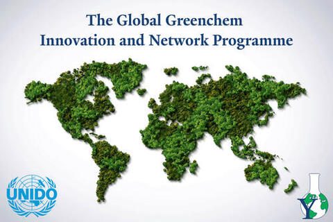 Image used under license from DOERS - stock.adobe.com. Banner image showing the name of the program, the Global Greenchem Innovation and Network Programme, over a grey and white gradient with an image of the world map rendered out of trees and leaves. The UNIDO and Center for Green Chemistry and Green Engineering at Yale logos are at the bottom of the banner.