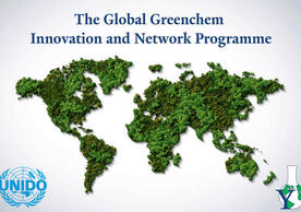 Banner image showing the name of the program, the Global Greenchem Innovation and Network Programme, over a grey and white gradient with an image of the world map rendered out of trees and leaves. The UNIDO and Center for Green Chemistry and Green Engineering at Yale logos are at the bottom of the banner.